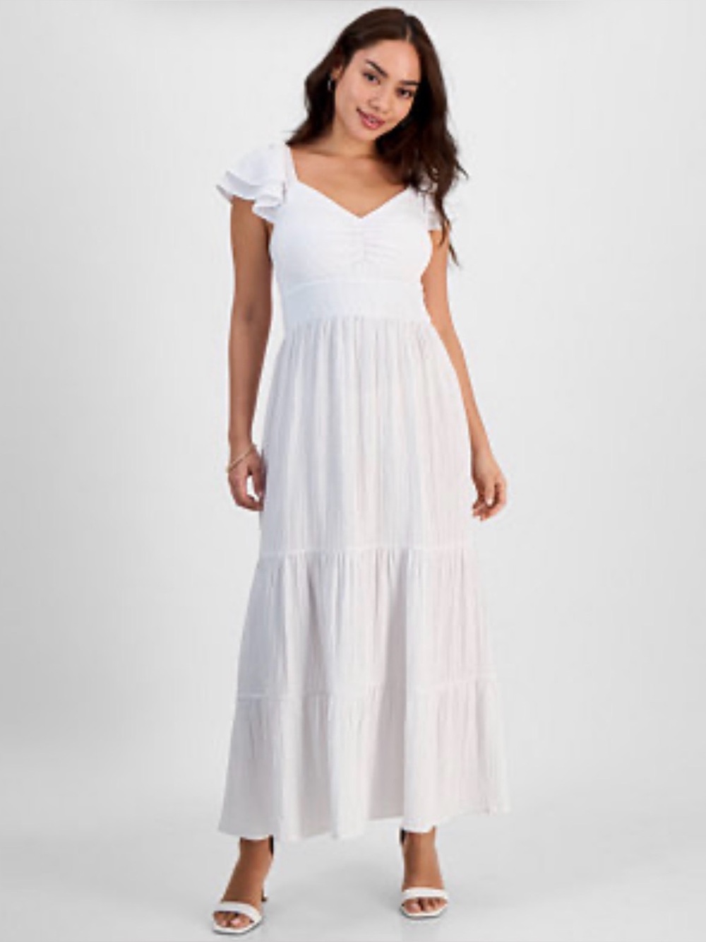 Jamie & Layla Petite Tiered White Flutter-Sleeve Maxi Dress- PM